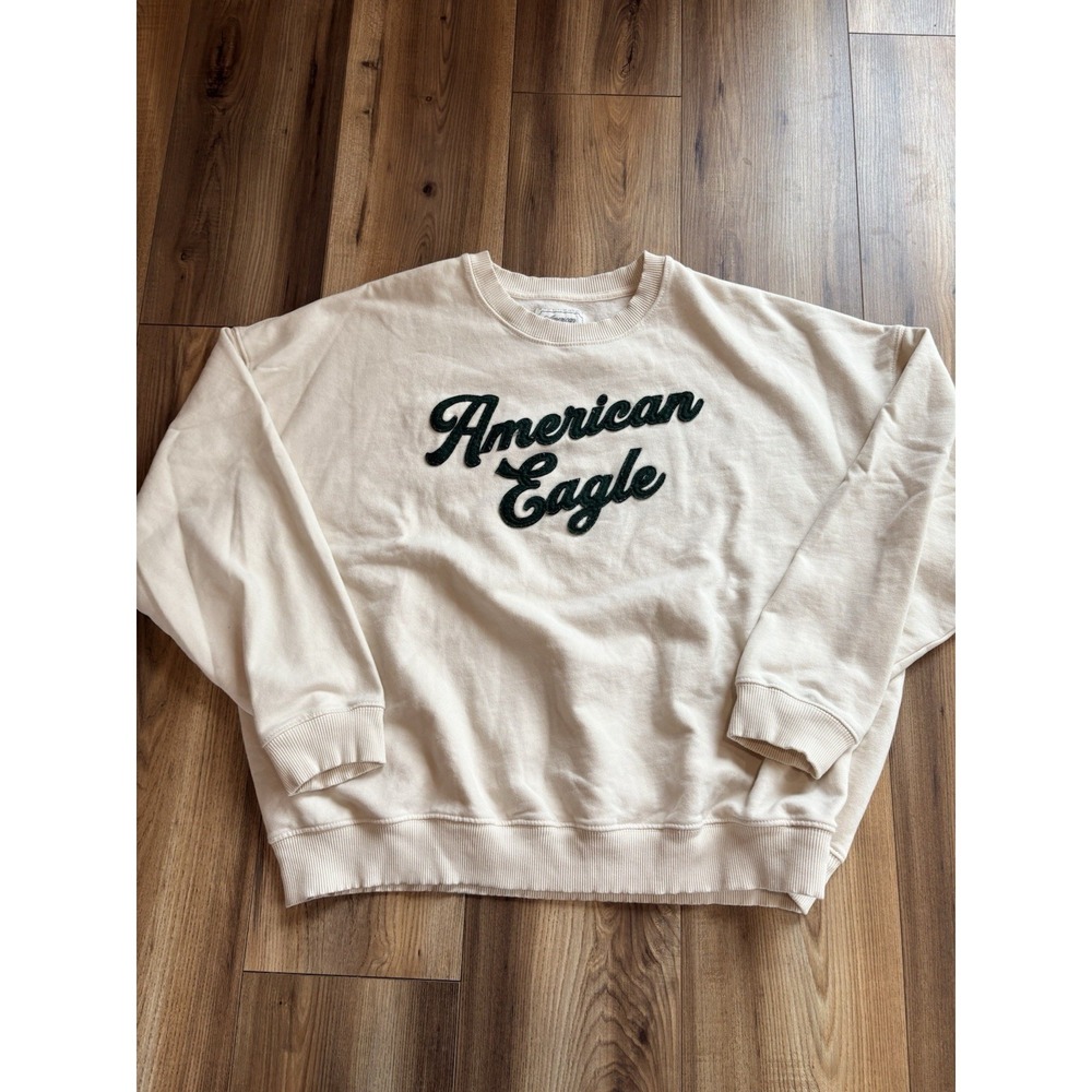 American Eagle Crewneck Sweatshirt Ivory Embroidered Green Women's XL Soft Comfy